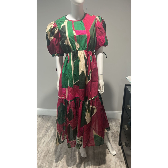 Ulla Johnson Pink and Green Collage Puff Sleeve Dress Size 8 - Picture 10 of 14